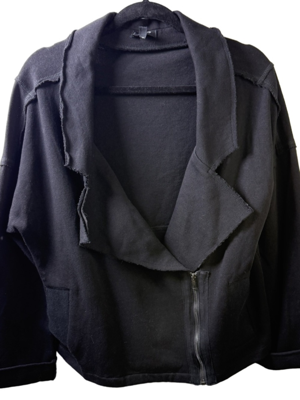 Women's Black Draped raw Collar Zip Jacket in all cotton